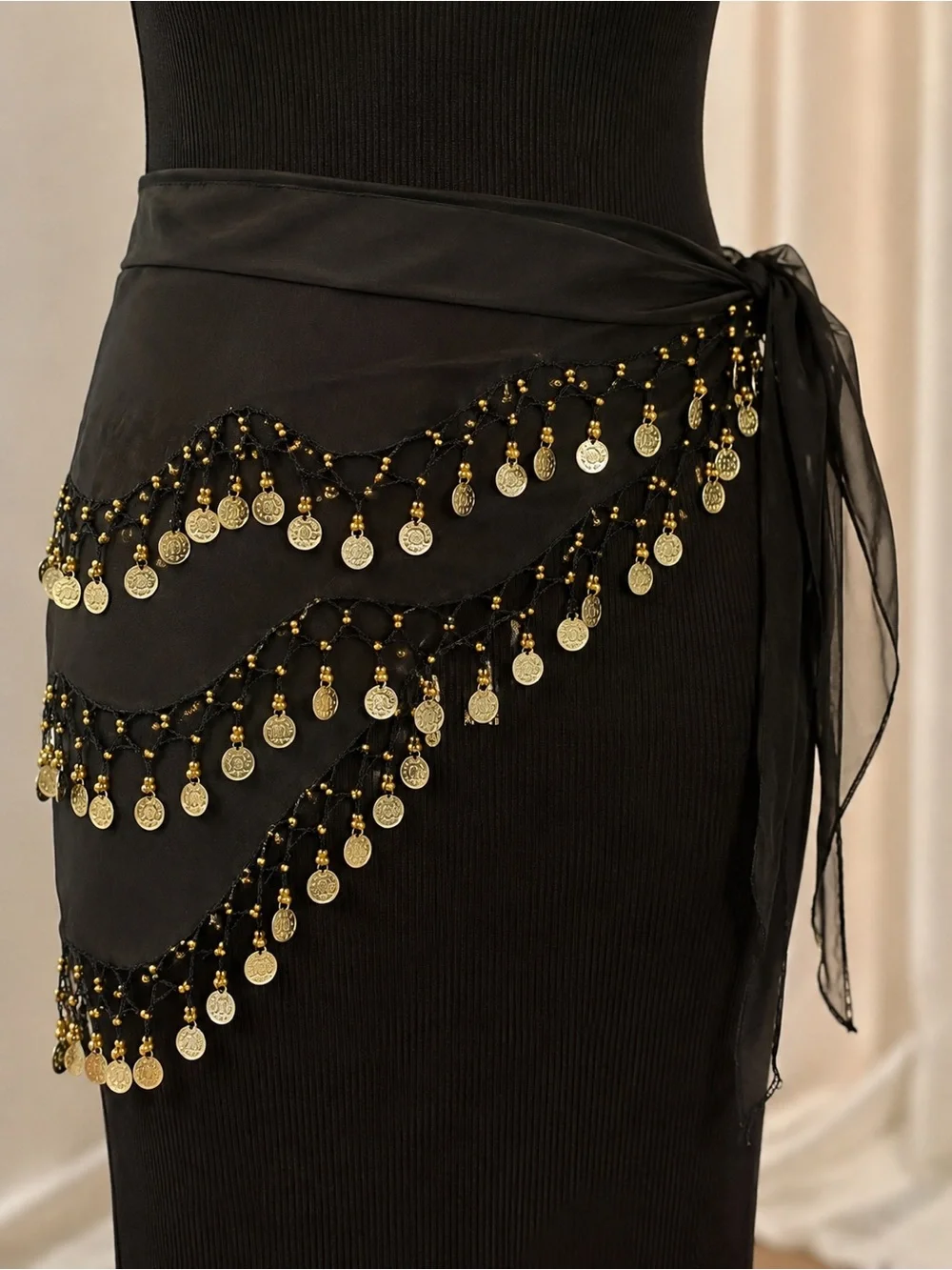 Black Coin Fringe Hip Scarf Wrap Skirt with Gold Accents